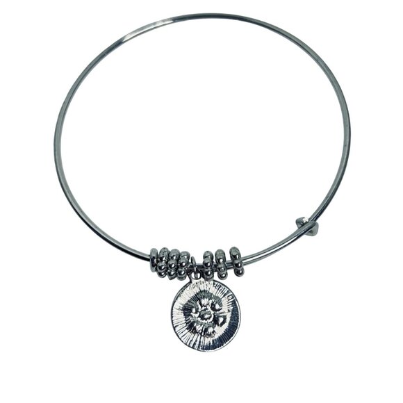 Silver Tone Bangle Bracelet With Round Rhinestone Charm (5800) - Picture 2 of 4